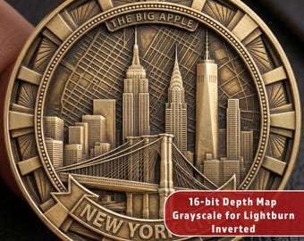 New York City Skyline 3D Relief | Challenge Coin Deep Engrave Depth Map | Fiber Laser STL | NYC Brooklyn Bridge Manhattan Skyscraper