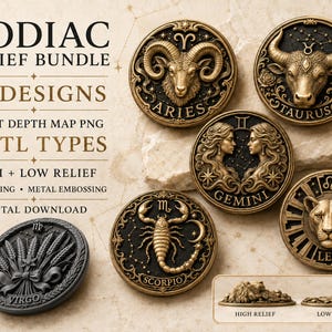 Könnte beinhalten: Ein digitales Paket mit 12 Tierkreiszeichen-Reliefdesigns, bestehend aus kreisförmigen bronzefarbenen Medaillons von Widder, Stier, Zwillinge, Löwe, Skorpion und Jungfrau. Der Text lautet ZODIAC RELIEF BUNDLE, 12 DESIGNS, 16-BIT DEPTH MAP PNG, 2 STL TYPES, HIGH + LOW RELIEF.