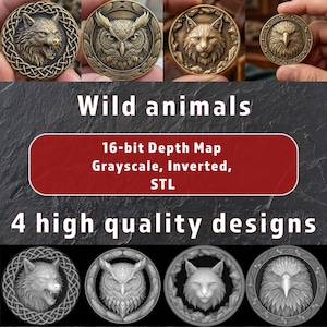 May include: Four bronze-colored coin designs featuring detailed relief images of a wolf, owl, cat, and eagle. The coins are displayed with the text "Wild animals" and "4 high quality designs". The image also includes text about the design process.