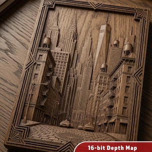 May include: A detailed wooden carving of a city skyline, featuring prominent skyscrapers and buildings. The artwork is framed with an Art Deco border and includes the text "16-bit Depth Map Grayscale for Lightburn STL". The piece is displayed on a wooden surface.