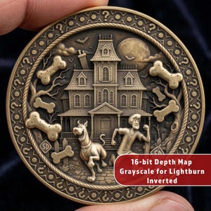 May include: A bronze-colored coin featuring a haunted house, Scooby-Doo, and Shaggy. The coin has bone-shaped accents and a question mark border. The text on the coin reads "16-bit Depth Map Grayscale for Lightburn Inverted."