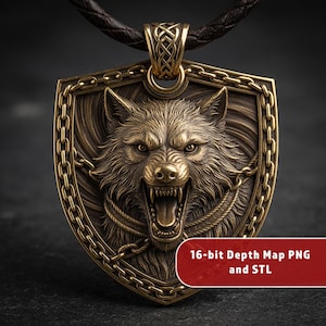 May include: A bronze-colored pendant necklace featuring a detailed wolf head within a shield design. The wolf is snarling, with its teeth bared. The pendant is attached to a brown leather cord. The image includes the text "16-bit Depth Map PNG and STL".