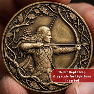 Elven Archer 3D-relief | Fantasy Challenge Coin | Djupgravyrdjupkarta | STL PNG-filer för fiberlaser-CNC