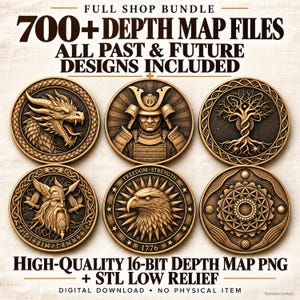 Depth Map Bundle, 700+ 16-Bit PNG Files, STL Low Relief, Full Shop and Future Designs