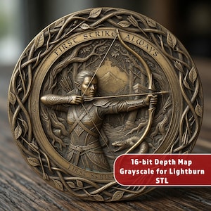 May include: A bronze-colored relief sculpture featuring an archer aiming a bow, surrounded by a circular frame with the words "FIRST STRIKE ALWAYS". The archer is depicted in a forest setting, with a dragon-like creature at the bottom. The text "16-bit Depth Map Grayscale for Lightburn STL" is also present.