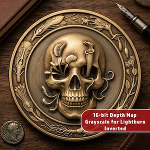 May include: A detailed, antique-style brass coin featuring a skull with plant-like elements. The coin has a circular design with intricate floral patterns around the edge. The text on the image reads: "16-bit Depth Map Grayscale for Lightburn Inverted."