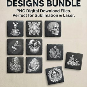 Könnte beinhalten: Eine Sammlung von zehn einzigartigen Designs, ideal für Sublimations- und Laserprojekte. Die Designs zeigen detaillierte Schwarz-Weiß-Illustrationen von Skeletten, Schädeln und verwandten Bildern, angeordnet auf quadratischen, dunkelgrauen Hintergründen. Der Text oben lautet "10 UNIQUE DESIGNS BUNDLE".