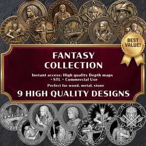 Könnte beinhalten: Eine Sammlung von neun Fantasy-Designs, dargestellt als bronzefarbene Medaillons. Der Text "FANTASY COLLECTION" und "9 HIGH QUALITY DESIGNS" sind prominent. Geeignet für Holz, Metall und Stein. Ein "BEST VALUE!" Aufkleber ist ebenfalls vorhanden.