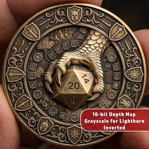 May include: A detailed bronze-colored coin featuring a dragon claw clutching a twenty-sided die. The coin's border includes various symbols and text, with the numbers 20, 14, and 8 visible on the die. The coin has a vintage, fantasy theme.