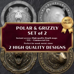 May include: Set of two bear designs, one polar and one grizzly, with detailed relief carvings. The image includes text that reads "POLAR & GRIZZLY SET of 2" and "2 HIGH QUALITY DESIGNS". The designs are suitable for wood, metal, and stone.