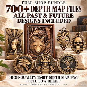 Depth Map Bundle, 700+ 16-Bit PNG Files and STL Low Relief, Future Designs Included