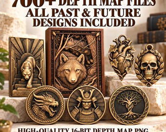 May include: A digital bundle of 700+ depth map files and STL low relief designs. The collection features bronze-toned relief images including a panther, a wolf, a heart, a skull, a dragon, a samurai, and a tree of life. Text reads: FULL SHOP BUNDLE 700+ DEPTH MAP FILES ALL PAST & FUTURE DESIGNS INCLUDED HIGH-QUALITY 16-BIT DEPTH MAP PNG + STL LOW RELIEF DIGITAL DOWNLOAD NO PHYSICAL ITEM.