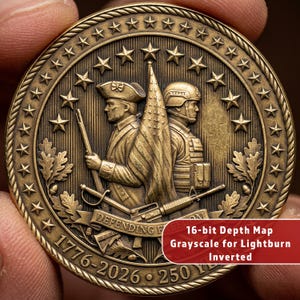 Moneda conmemorativa de los 250 años de la defensa de la libertad / Moneda de desafío militar / Mapa de profundidad de relieve 3D / Grabado profundo CNC STL / Archivo láser de fibra