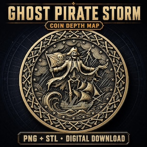 Mapa de Profundidade de Esqueleto Pirata | Mapa de Altura em Relevo 3D em STL | Corte a Laser de Fibra MOPA EZCAD LightBurn CNC | Placa Medalhão Personalizada para Moedas