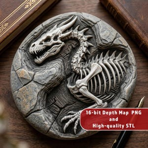 May include: A circular stone-like plaque featuring a relief carving of a dragon skeleton embedded in rock. The design includes a detailed skull, spine, and ribcage. A red rectangular overlay contains the white text: 16-bit Depth Map PNG and High-quality STL.
