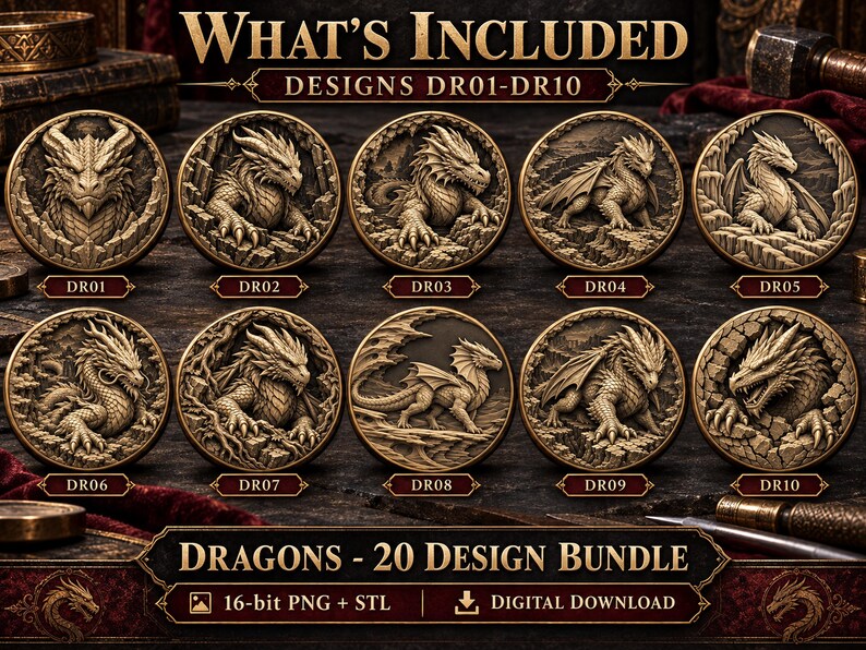 Dragon Depth Map Bundle, 20 Fantasy Coin Designs, 16-bit PNG and STL ...