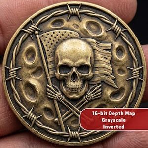 May include: A bronze-colored coin featuring a skull holding a tattered American flag, surrounded by barbed wire. The coin has a textured surface with the text "16-bit Depth Map Grayscale Inverted" on a red banner.