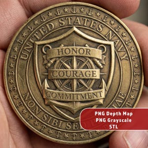 May include: A bronze United States Navy coin with the words "Honor, Courage, Commitment" and a compass rose design. The coin is encircled by anchors and the words "United States Navy" and "Non Sibi Sed".