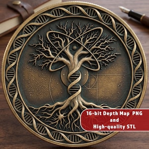 Puede incluir: Un medallón circular de tono bronce con un árbol central cuyo tronco es una hélice de ADN, un símbolo atómico en las ramas y una espiral de proporción áurea de fondo. El borde muestra un patrón de cadena de ADN. Texto: 16-bit Depth Map PNG and High-quality STL.