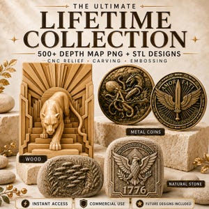 Puede incluir: Una colección digital titulada THE ULTIMATE LIFETIME COLLECTION 500+ DEPTH MAP PNG + STL DESIGNS para relieve CNC, tallado y grabado. Incluye una talla de pantera en madera, dos monedas metálicas circulares y una placa de piedra con un águila.