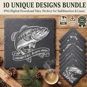 May include: A bundle of 10 unique slate coasters with fish designs. The coasters feature detailed illustrations of fish, including a largemouth bass and a tarpon. The text "10 UNIQUE DESIGNS BUNDLE" and "PNG Digital Download Files" are visible.