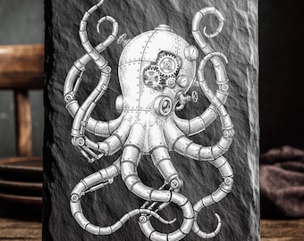 Steampunk Octopus PNG | Mechanical Sea Creature | Slate Laser Engraving | Lightburn Coaster Art