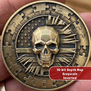 May include: A bronze-colored coin with a detailed design. The coin features a geometric skull at the center, surrounded by a puzzle-piece border and a star-studded American flag design. The coin has the text "16-bit Depth Map Grayscale Inverted".