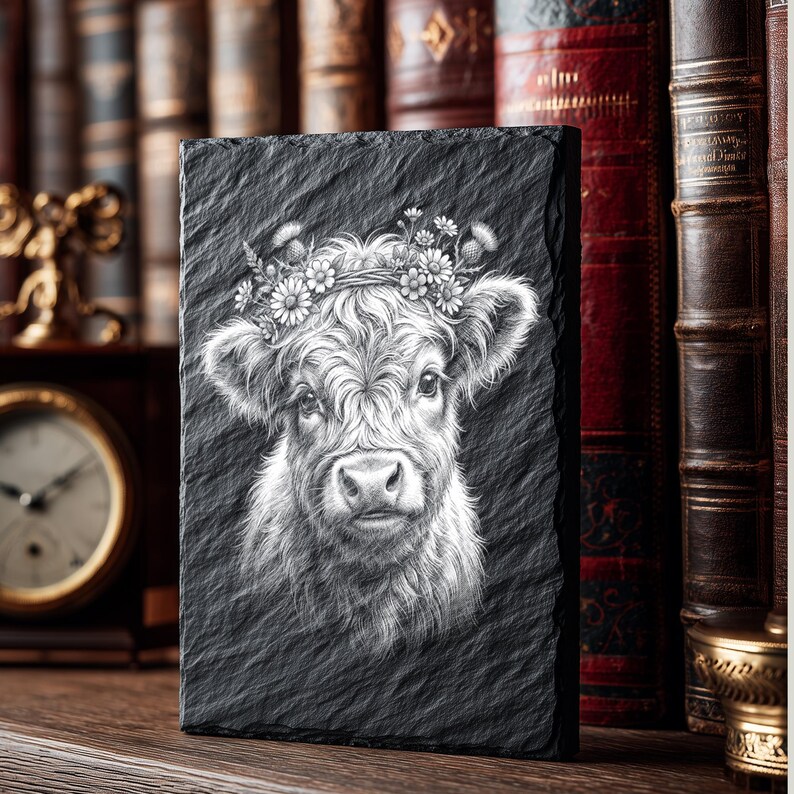 May include: A black rectangular slate featuring a detailed white illustration of a Highland cow's face, adorned with a floral crown. The cow's fur is intricately rendered, and the slate has a textured surface. The image is set against a backdrop of antique books.