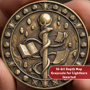 May include: A bronze-colored, circular coin with intricate engraved designs. The coin features a central staff entwined by a serpent, surrounded by open books, runes, and geometric shapes. The text "16-bit Depth Map Grayscale for Lightburn Inverted" is visible.