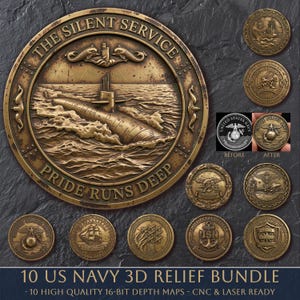 May include: A collection of ten bronze-colored US Navy 3D relief coins. The central coin features a submarine and the text "The Silent Service" and "Pride Runs Deep." Other coins depict naval emblems. The image includes "Before" and "After" examples.