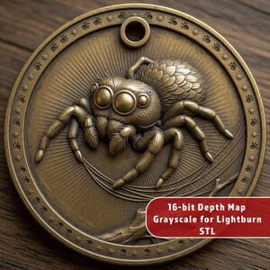May include: A bronze-colored, circular medallion featuring a detailed relief of a jumping spider. The spider is centered on a sunburst design, with a paw print and star pattern around the edge. The text "16-bit Depth Map Grayscale for Lightburn STL" is in a red box.