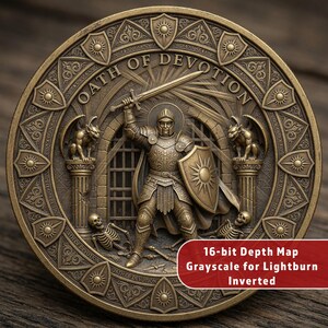 Op de afbeelding: Een bronzen munt met de tekst "OATH OF DEVOTION". De munt toont een ridder met zwaard en schild, geflankeerd door waterspuwers en skeletten. De tekst luidt "16-bit Depth Map Grayscale for Lightburn Inverted".