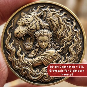 Puede incluir: Una moneda de bronce detallada que representa la cabeza de un tigre y una persona con cabello suelto. La moneda tiene intrincados detalles en relieve y el texto "16-bit Depth Map + STL Grayscale for Lightburn Inverted".