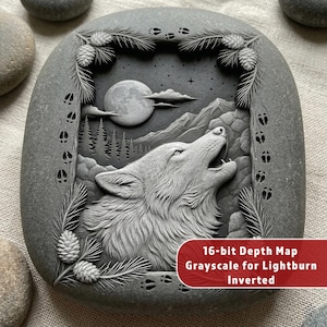 May include: Gray stone carving of a howling wolf under a full moon, surrounded by pine branches and paw prints. The scene includes mountains and a forest. Text on the bottom right reads "16-bit Depth Map Grayscale for Lightburn Inverted."