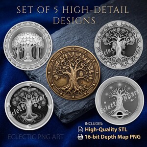 May include: A set of five circular digital designs featuring intricate tree motifs. One bronze-toned medallion displays an oak tree with an owl, while four grayscale medallions depict a Buddha under a tree, a tree spirit, a cosmic tree, and a serpent tree.