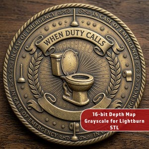 Pode incluir: Um medalhão circular de cor bronze com um relevo de uma sanita no centro. O texto "WHEN DUTY CALLS" está arqueado acima, com "IN CASE OF EMERGENCY" repetido ao longo da borda. Ícones de desentupidores e rolos de papel higiénico estão incluídos.