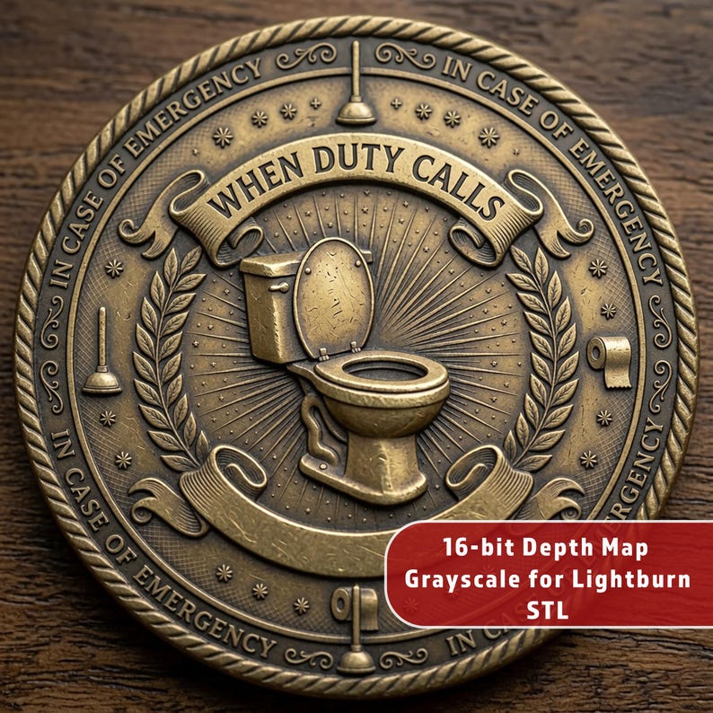 May include: A circular bronze-toned medallion featuring a raised relief of a toilet in the center. The text "WHEN DUTY CALLS" is arched above, with "IN CASE OF EMERGENCY" repeated along the border. Icons of plungers and toilet paper rolls are included.