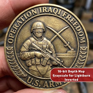 May include: A bronze-colored coin with the words "OPERATION IRAQI FREEDOM" and "U.S. ARMY" engraved around the edges. The coin features a soldier holding a rifle, with crossed swords behind him. The text "16-bit Depth Map Grayscale for Lightburn Inverted" is also visible.
