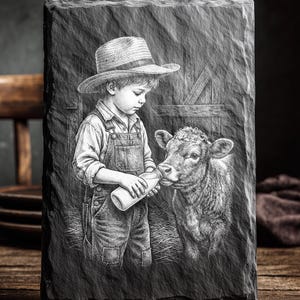 May include: A black slate plaque with a detailed engraving of a young person in overalls and a straw hat bottle-feeding a calf. The text "LASER READY PNG" is at the top. The artwork is in grayscale.