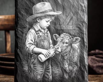 Boy Feeding Calf | Western Farm Scene | Laser Engrave File | Wood Burn Template | PNG
