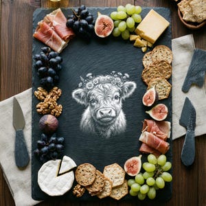 May include: A black slate serving board with a cow illustration wearing a floral crown. The board is surrounded by grapes, figs, cheese, crackers, walnuts, and prosciutto. Two slate knives are on the sides.
