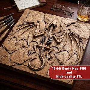 May include: A square wooden panel featuring a detailed relief carving of a dragon skeleton with outstretched wings and a long tail, set against a textured, cracked stone-like background. The image includes the text 16-bit Depth Map PNG and High-quality STL.