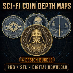 Könnte beinhalten: Eine digitale Sammlung mit dem Titel SCI-FI COIN DEPTH MAPS, bestehend aus vier kreisförmigen Münzdesigns mit detaillierten Reliefmustern, darunter eine zentrale behelmte Figur, imperiale Symbole und galaktische Szenen. Enthält PNG- und STL-Dateien.