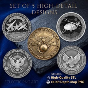May include: A set of five circular digital designs featuring military emblems. One bronze-coloured coin displays the Marine Corps eagle, globe, and anchor with the text Semper Fidelis. Four silver-toned coins depict fighter jets, a helicopter, and eagles.