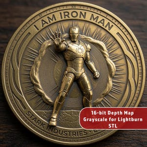 May include: A circular brass-colored medallion featuring a relief of Iron Man in a standing pose with one hand extended. The text I AM IRON MAN and STARK INDUSTRIES is embossed along the rim. A red rectangular label displays 16-bit Depth Map Grayscale for Lightburn STL.