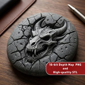 May include: A circular gray stone-like object featuring a relief carving of a horned dragon skull emerging from a cracked surface. The text 16-bit Depth Map PNG and High-quality STL is printed in white on a red rectangular background overlay.