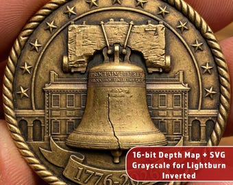 May include: A bronze-colored coin featuring the Liberty Bell with the text "PROCLAIM LIBERTY THROUGHOUT ALL THE LAND" and the date "1776-2026". The coin has a rope-like border and stars around the edge. The coin also has the text "16-bit Depth Map + SVG Grayscale for Lightburn Inverted".