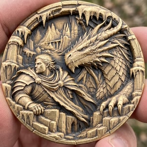 May include: A circular bronze-toned metal coin featuring a high-relief embossed design of a warrior in armor and a large dragon. The scene depicts a mountainous landscape with icicles hanging from the frame, surrounding the figures.