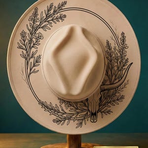 Puede incluir: Sombrero fedora beige con un diseño floral negro y una calavera de toro. El sombrero se exhibe en un soporte de madera. La imagen incluye el texto "Digital Download: PNG + PDF".
