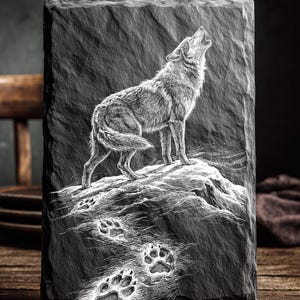Puede incluir: Una placa rectangular de pizarra gris oscuro con un grabado detallado de un lobo aullando sobre una superficie rocosa. La imagen incluye huellas de patas y el texto "LASER READY PNG". La obra de arte es en blanco y negro.